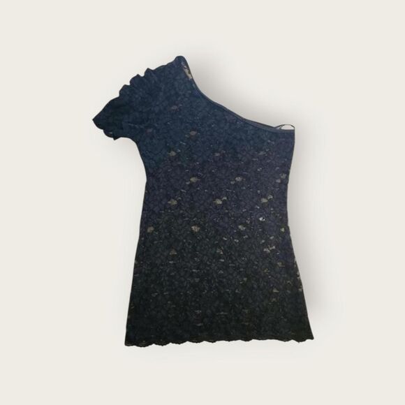 Vintage Y2k Bebe black lace sheer see through one shoulder going out shirt - Picture 2 of 5